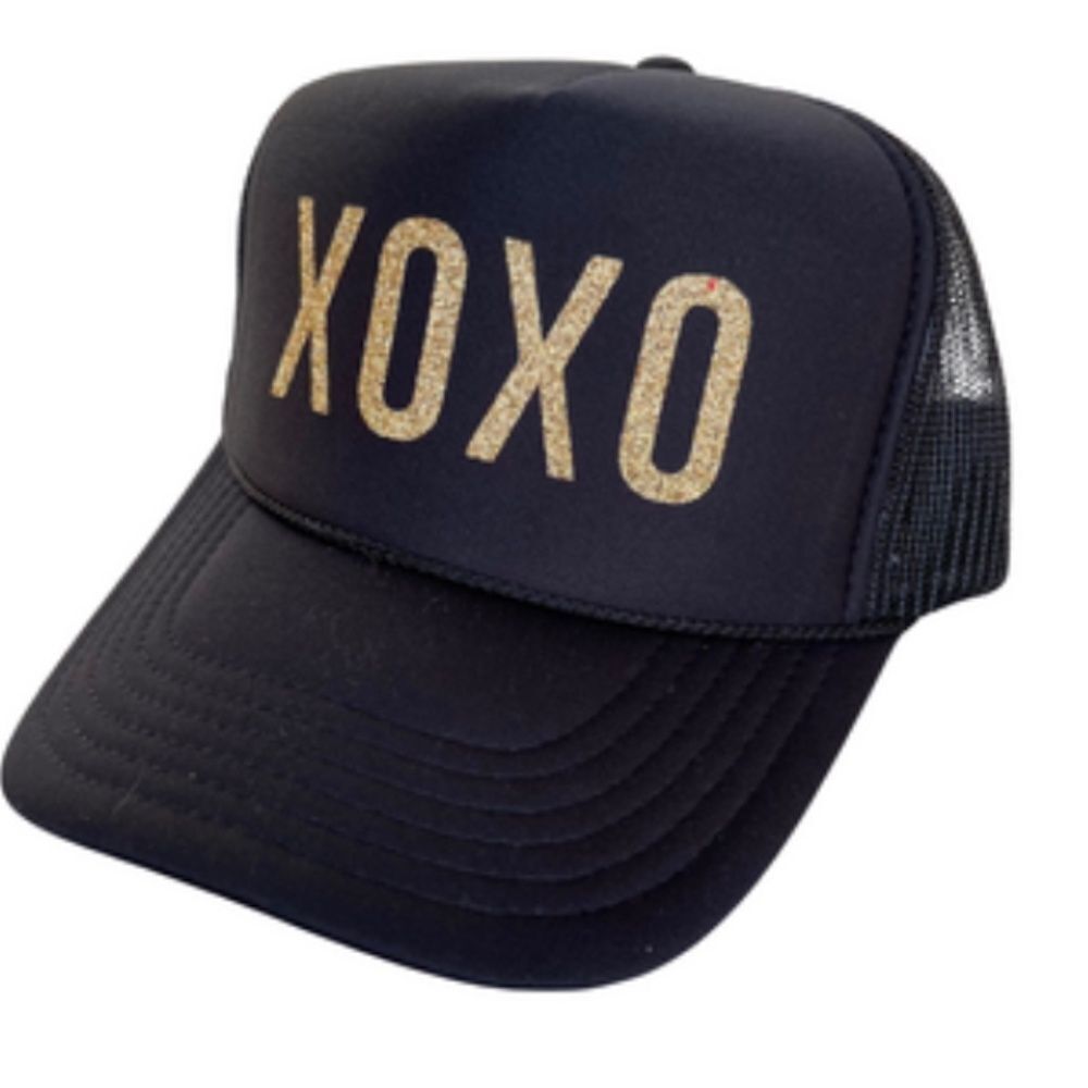 XOXO Black Trucker Hat Gold Glitter Bold Writing BRAND NEW Snap Back Mesh Back